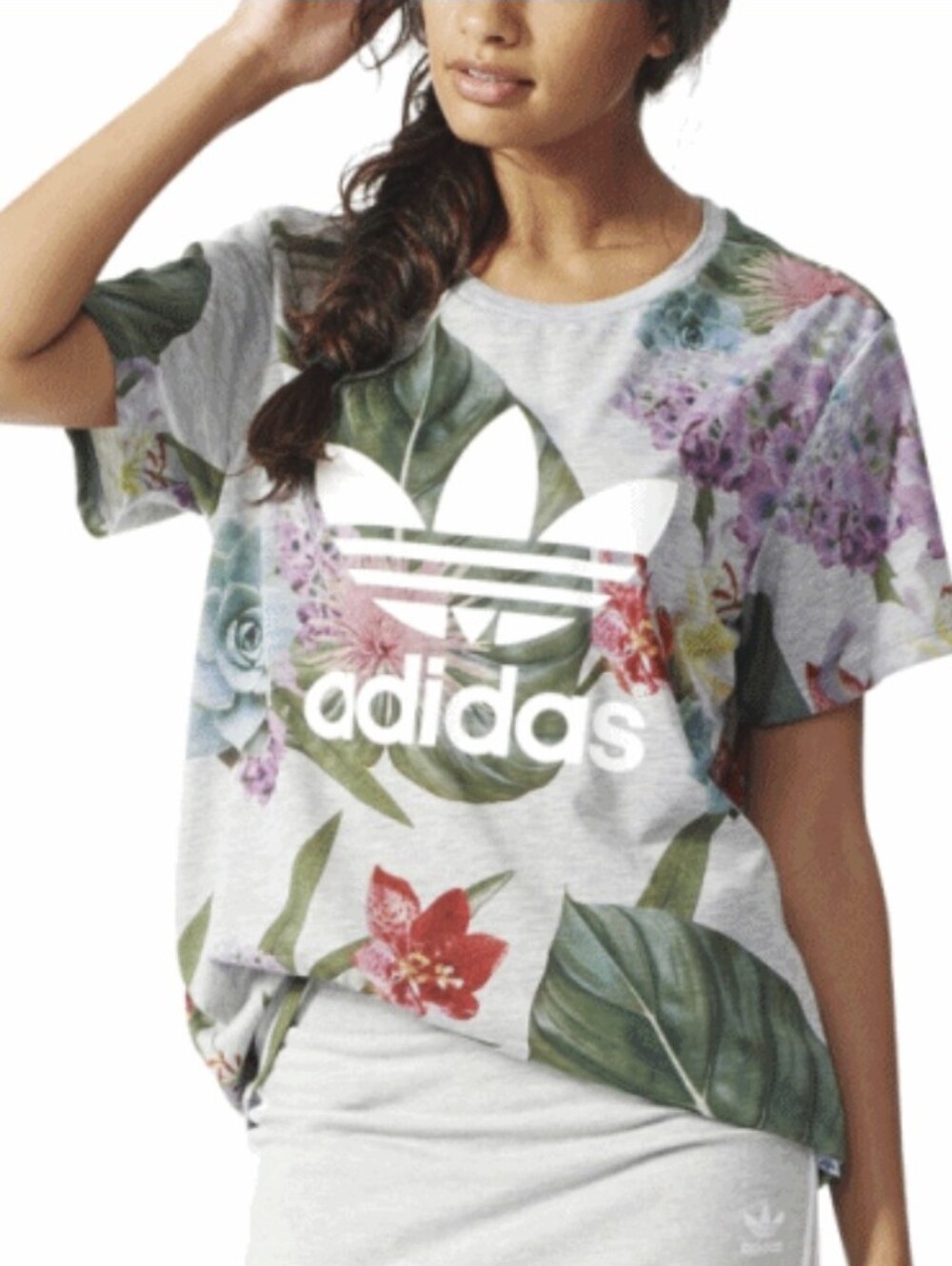 ADIDAS Long Floral Tee M Gray Multicolor Botanical Print Short Sheeve T-shirt